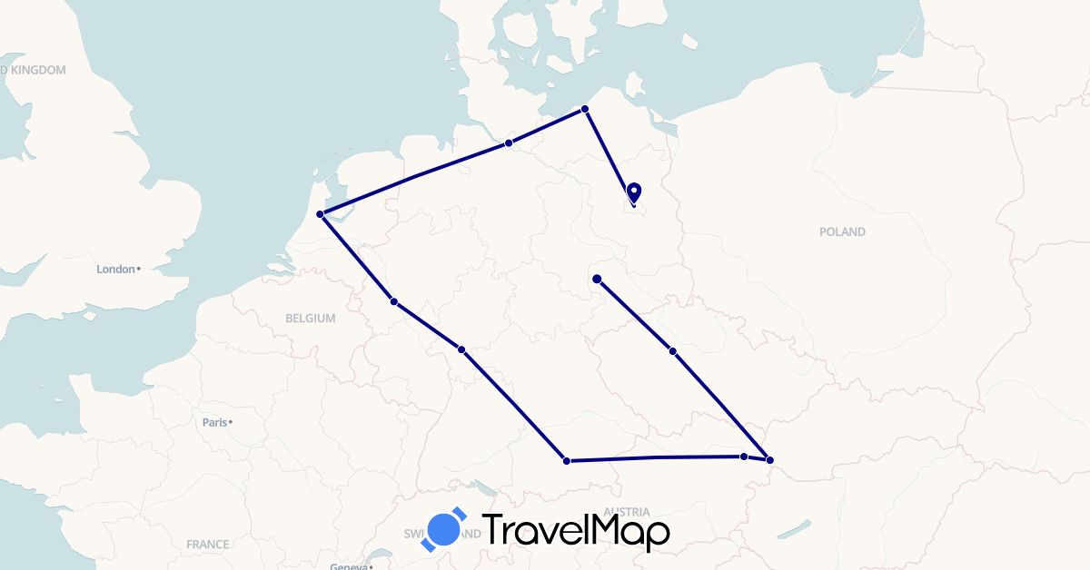 TravelMap itinerary: driving in Austria, Czech Republic, Germany, Netherlands, Slovakia (Europe)
